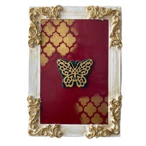 LAST CHANCE SALE! Gold Red BUTTERFLY Painting Mixed Media FRAMED Wall Accent